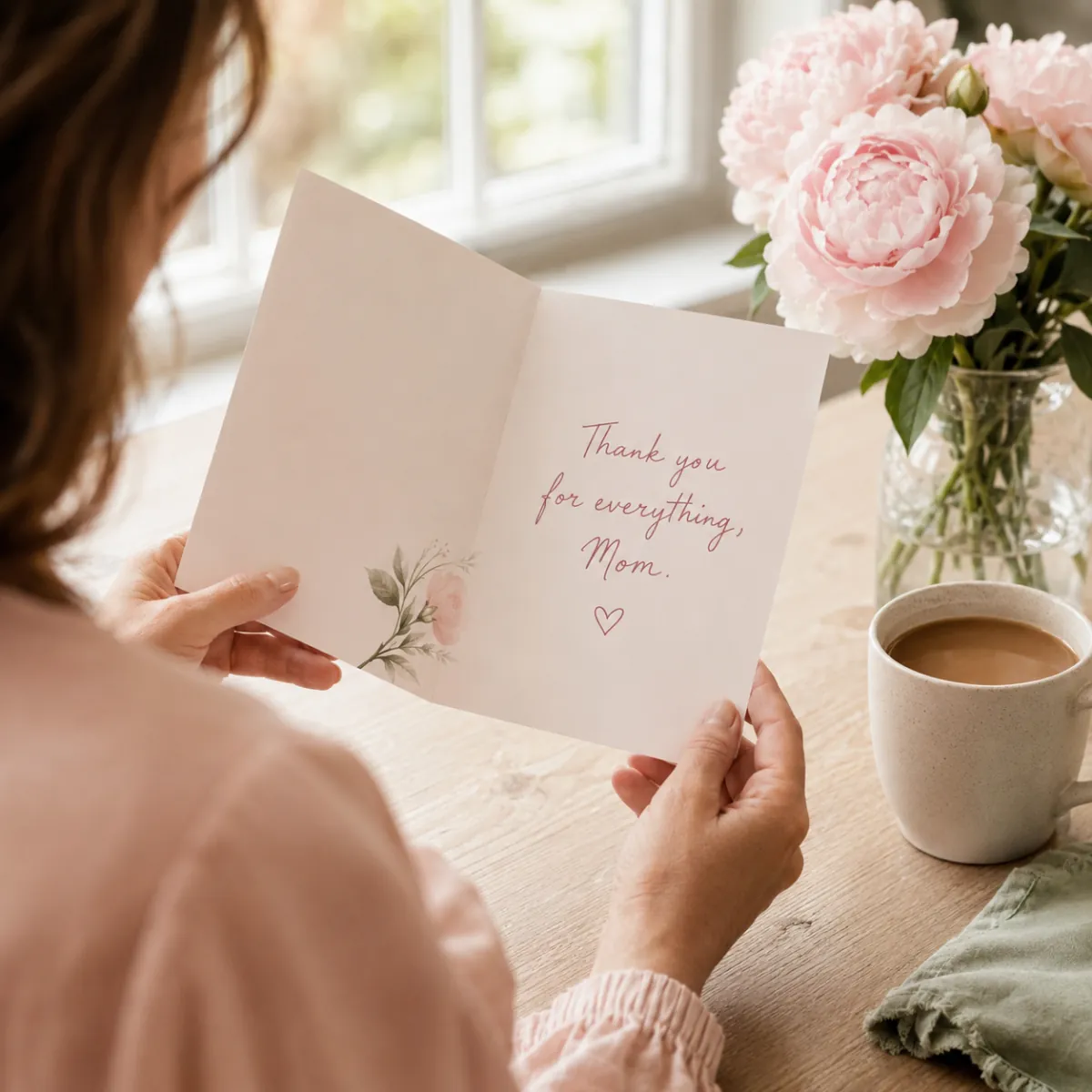 Mom opening a personalized AI Mother's Day card at her kitchen table