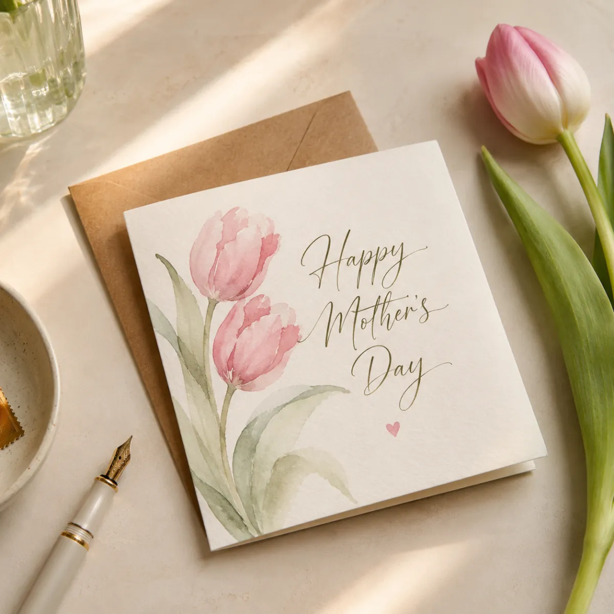 Watercolor Mother's Day card with a tulip on a desk with a fountain pen and envelope to Mom