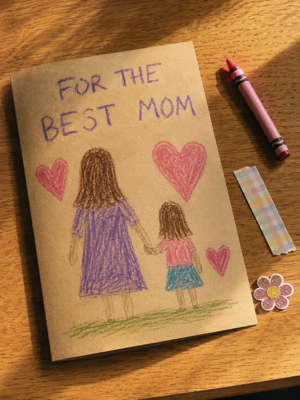 Handmade-style Mother's Day card with kid crayon drawing reading For the Best Mom