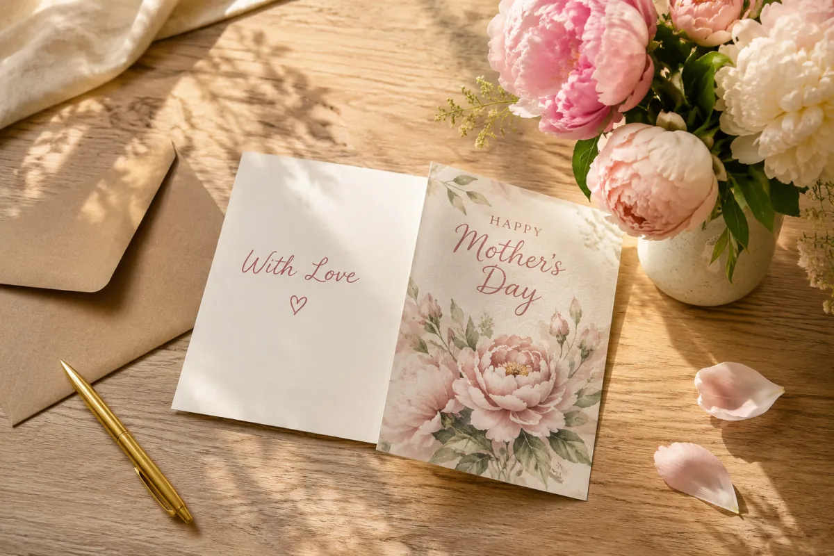 Floral Mother's Day card With Love on a wooden table beside fresh peonies