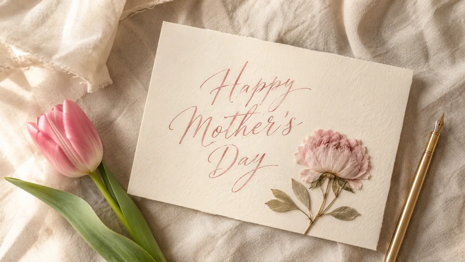 AI Mother's Day card maker hero output — print-ready Mother's Day card with handwritten message and warm peony composition
