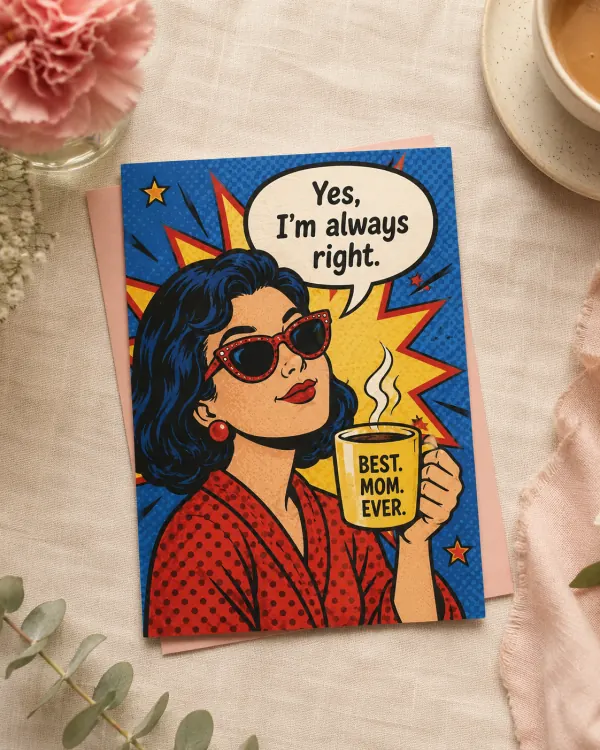Mother's Day card style tile — funny mom-joke pop-comic with speech bubble