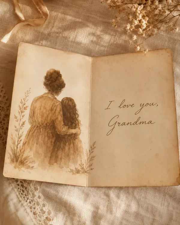 Mother's Day card style tile — grandma hugging a grandchild in warm sepia tones