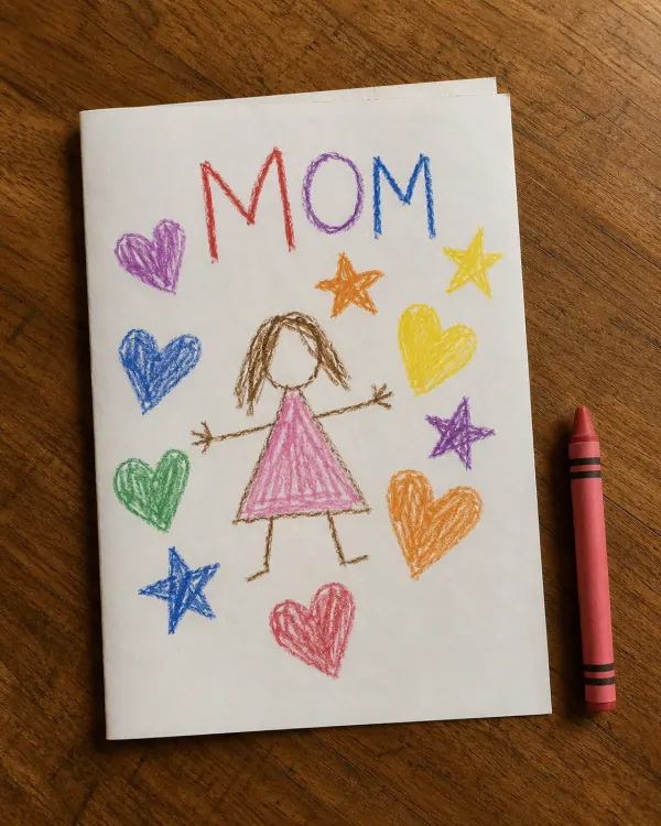 Mother's Day card style tile — handmade by kids with crayon hearts and stars