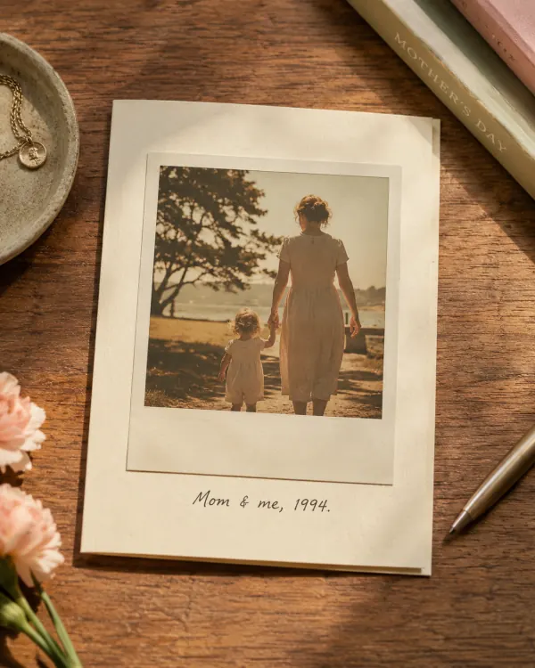 Mother's Day card style tile — vintage polaroid mother-and-toddler card with handwritten caption