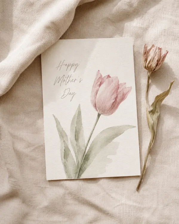 Mother's Day card style tile — watercolor tulip on cream paper