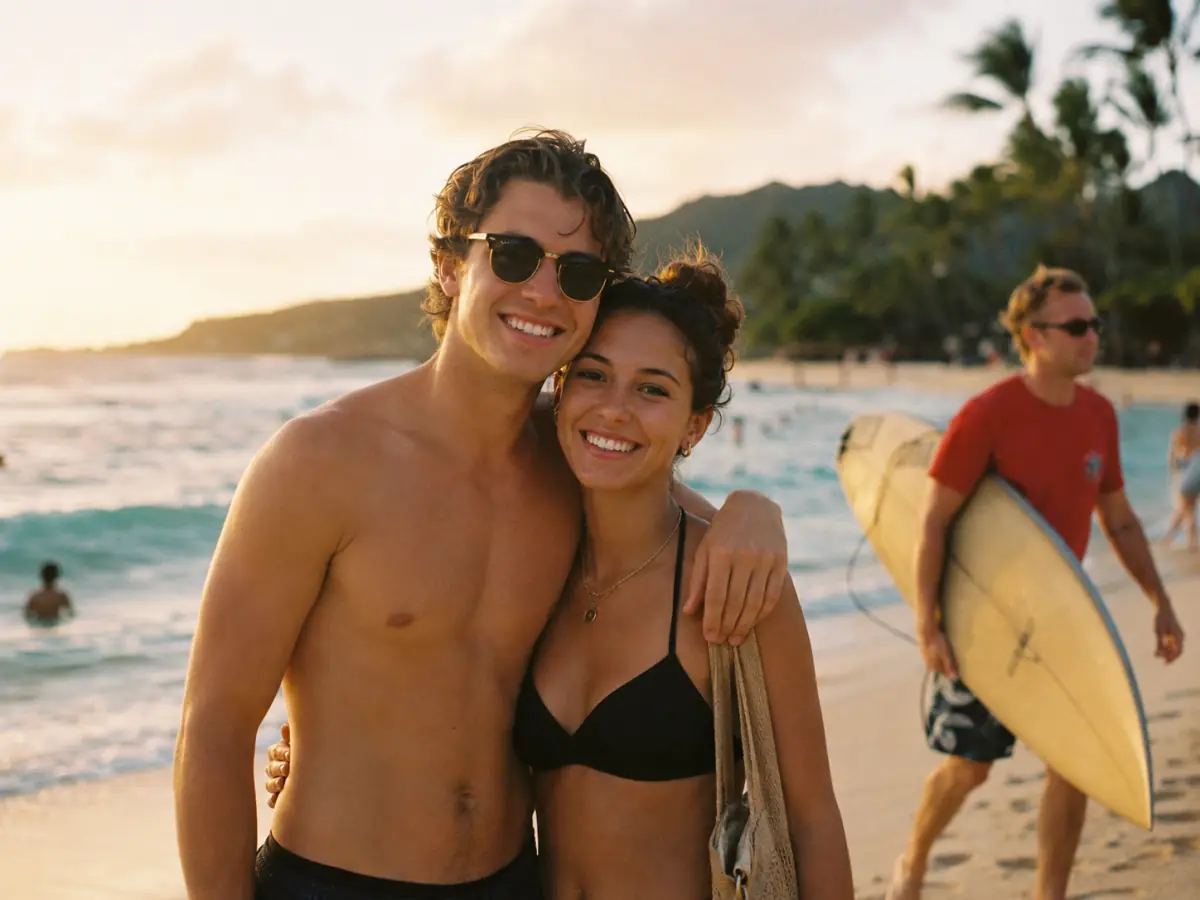 Beach photo with a photobomber before using the Imya AI object remover