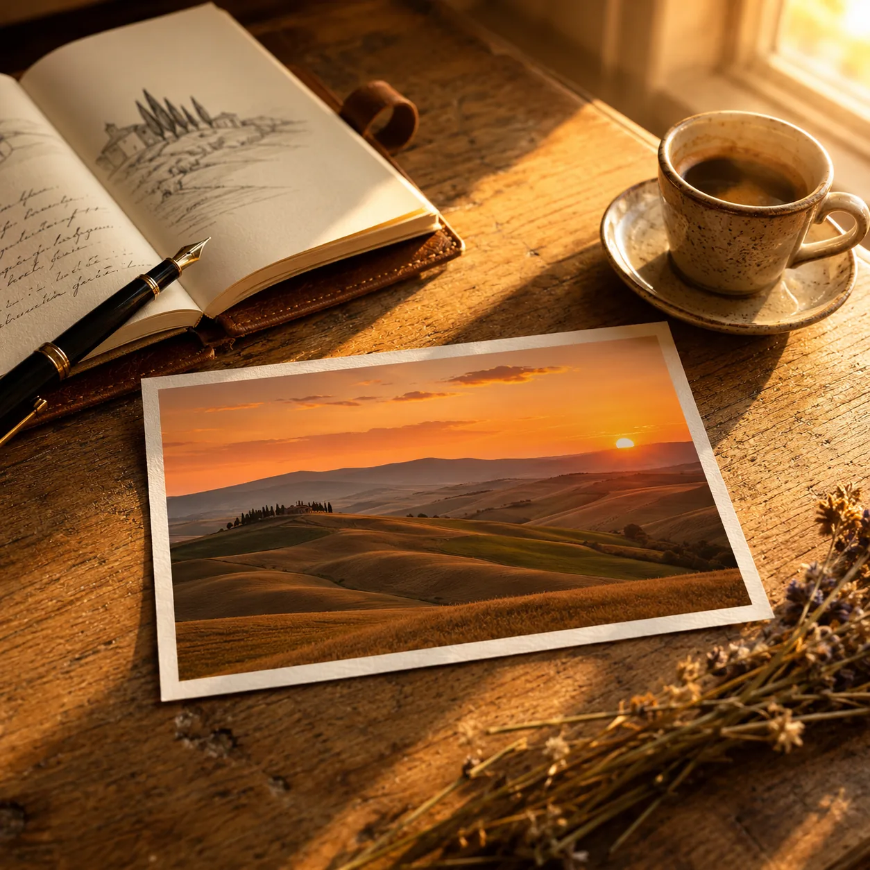 A clean, object-free travel photo printed from the Imya AI object remover, next to a sketchbook on a sunlit desk