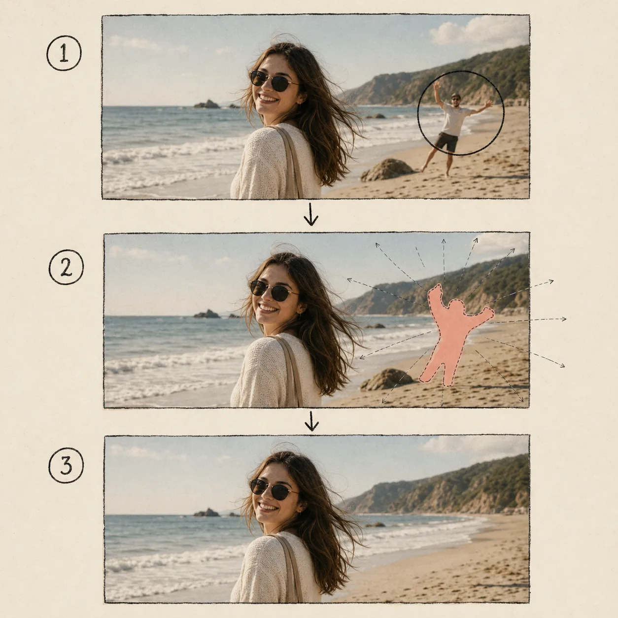 Three-step diagram showing how the Imya AI object remover detects an unwanted item, rebuilds the background, and outputs a clean object-free photo