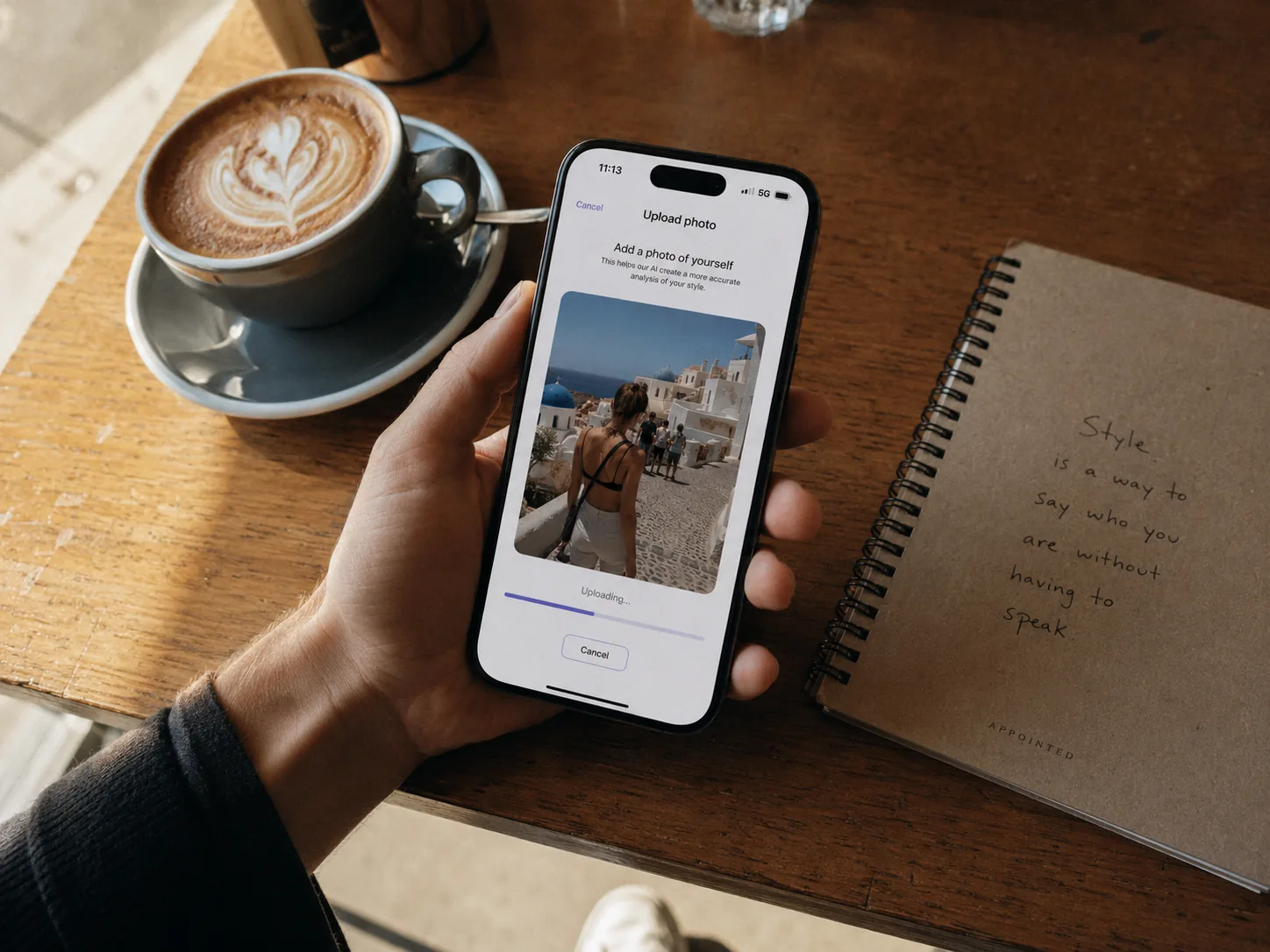 Step 1 of the AI object remover — uploading a photo with a photobomber from a phone to the Imya AI object remover