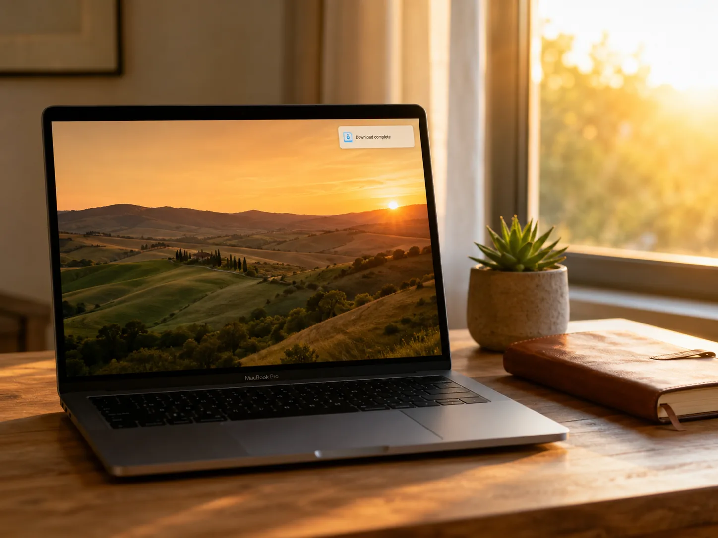 Step 3 of the AI object remover — downloading a clean, object-free landscape photo from a laptop after using Imya