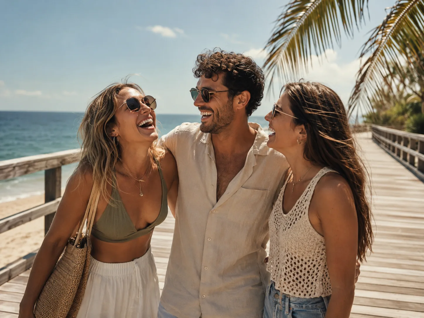 AI object remover use case — a beach group photo cleaned of a photobomber stranger by the Imya AI object remover