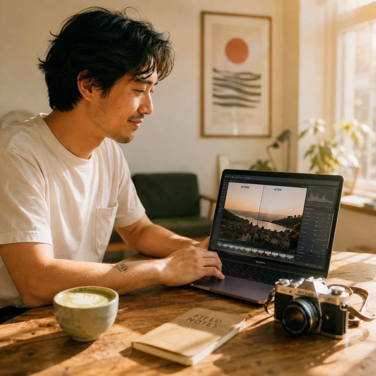 A creator smiling at a laptop while using the free Imya AI object remover online to erase a photobomber from a vacation photo