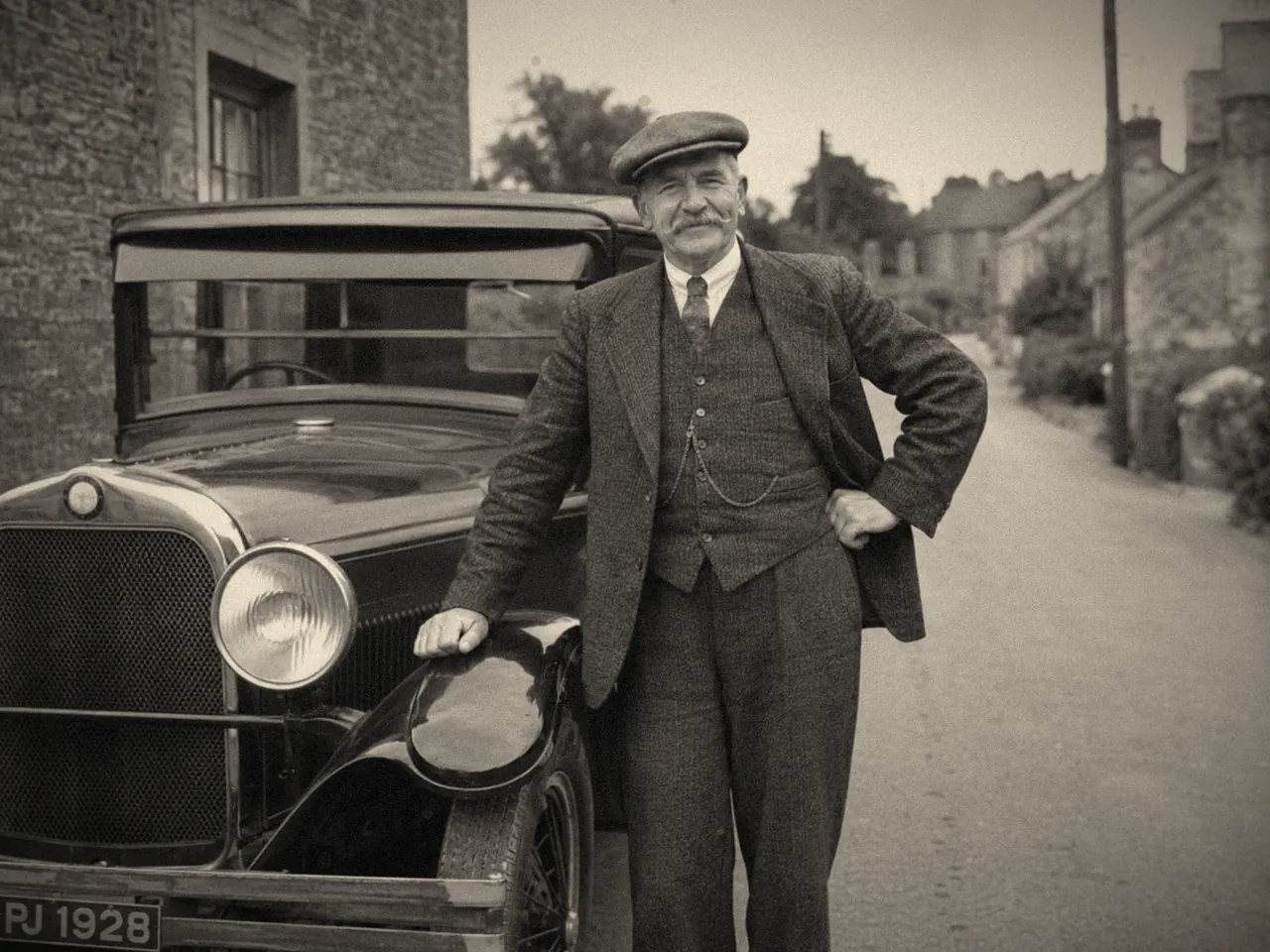 Before — a black-and-white 1930s portrait of a man standing beside a vintage car