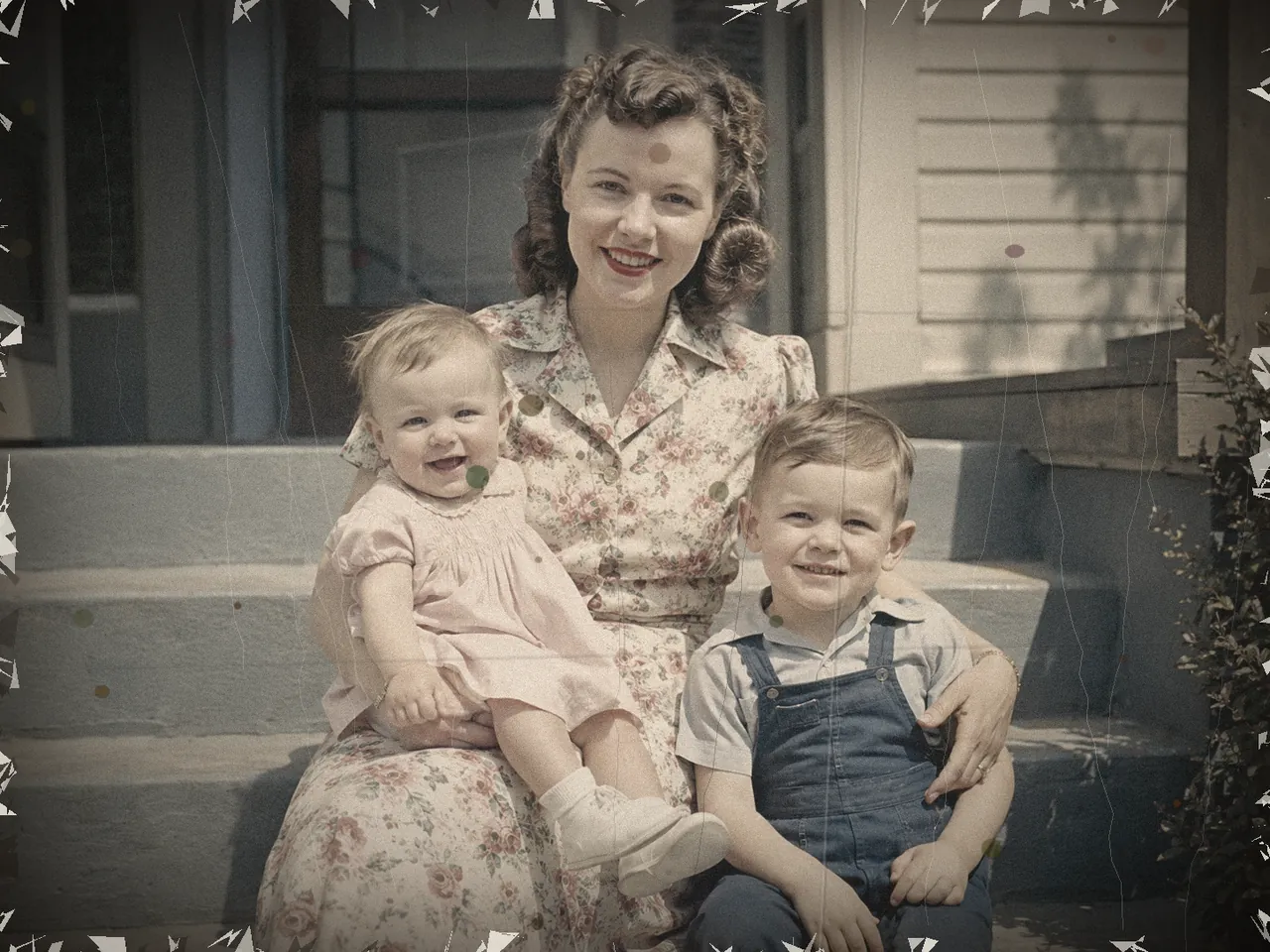 Before AI old photo restoration — a scratched, torn 1940s family photo with deep creases and missing corners