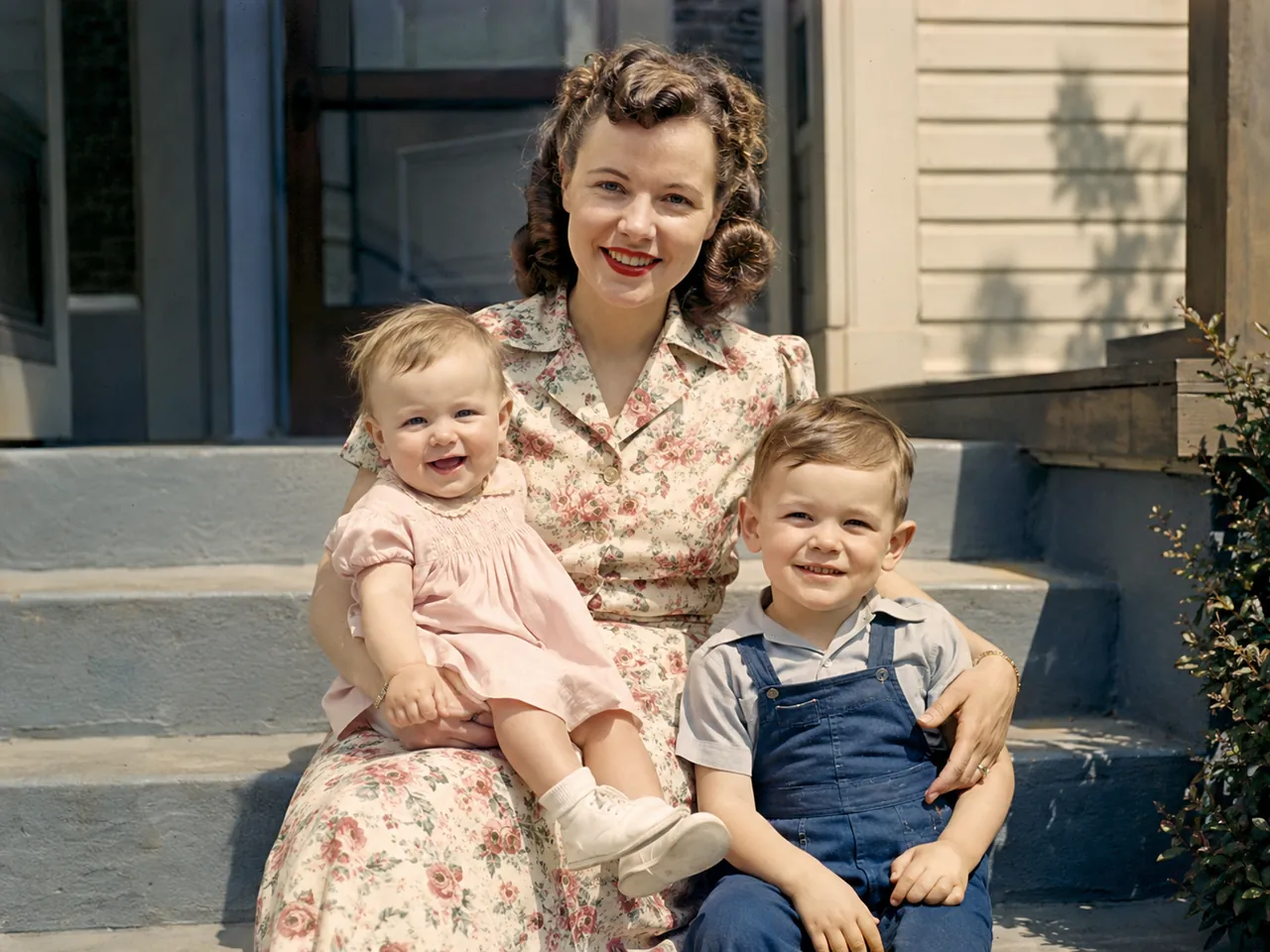 After AI old photo restoration — the same 1940s family photo with every scratch, tear and crease repaired