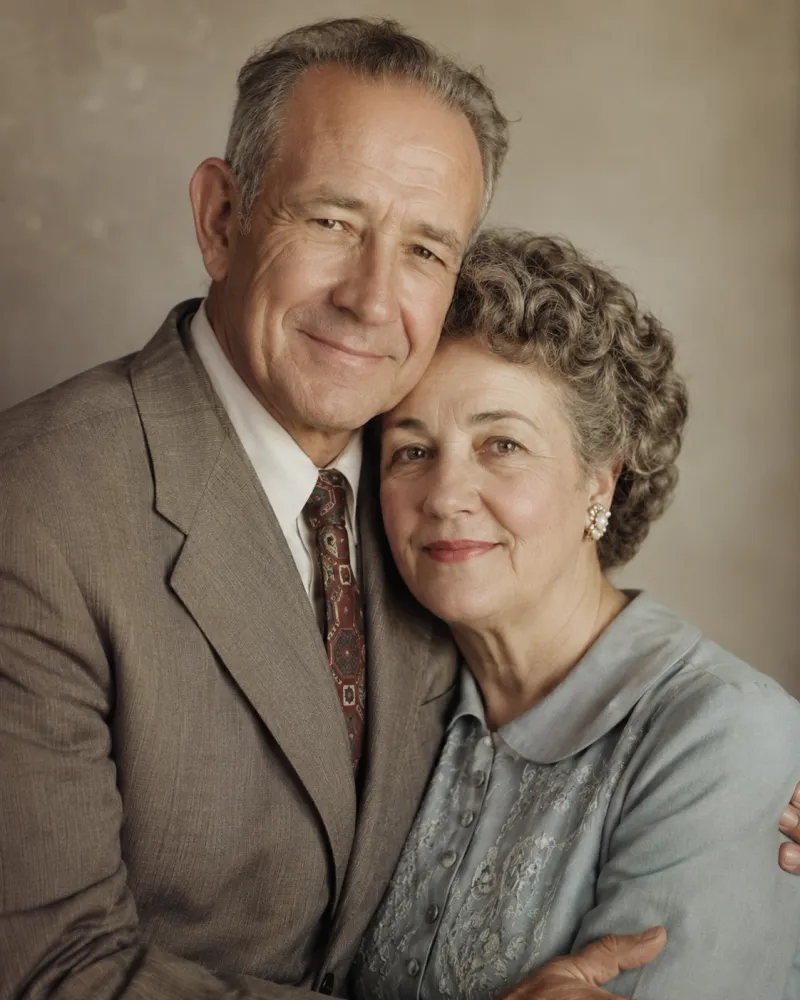AI Old Photo Revival scene — a 1950s elderly couple in a vintage portrait sharing a gentle embrace