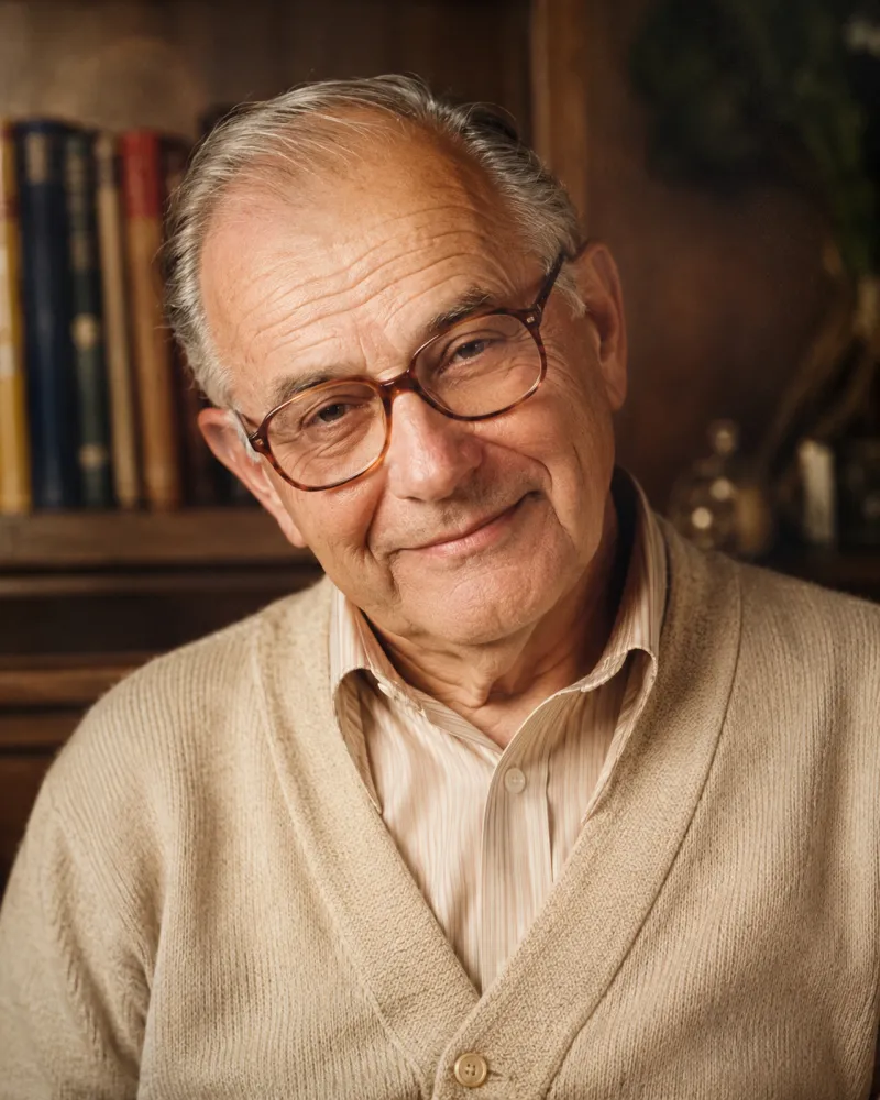 AI Old Photo Revival scene — a 1970s grandfather in a warm portrait revived with a gentle nod