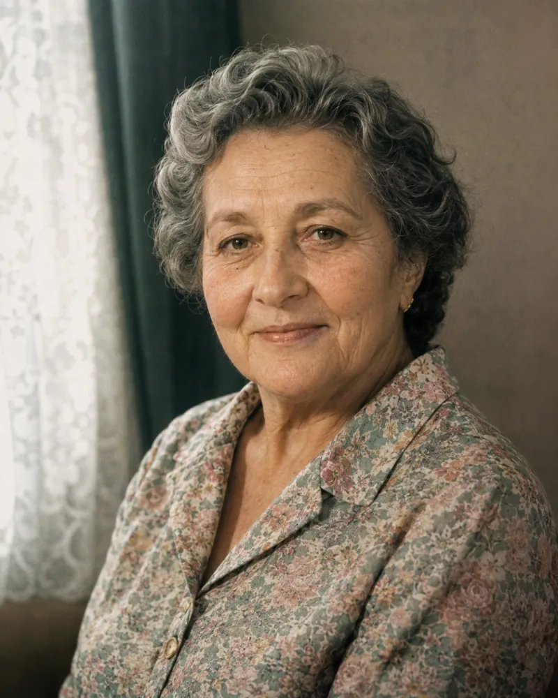 AI Old Photo Revival scene — a 1960s grandmother in a vintage portrait revived with a gentle smile
