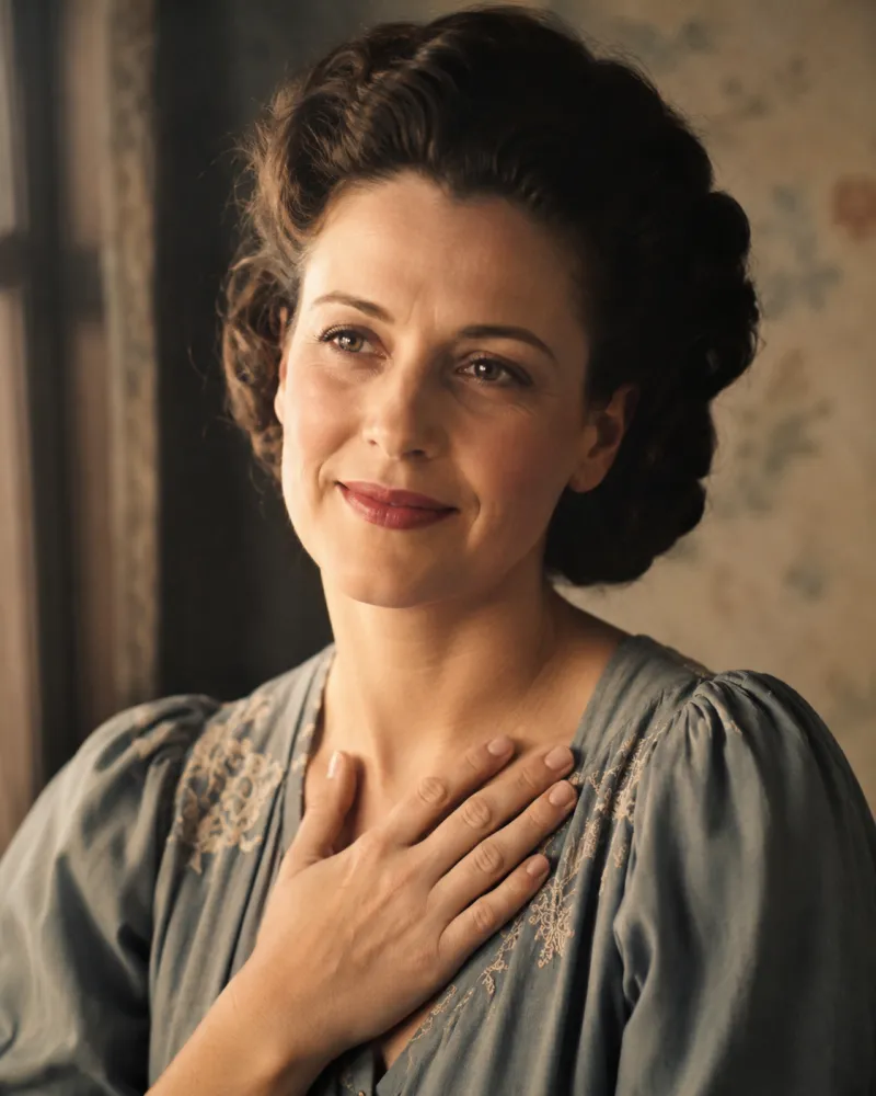 AI Old Photo Revival scene — a 1940s mother in a vintage portrait with a hand to her heart
