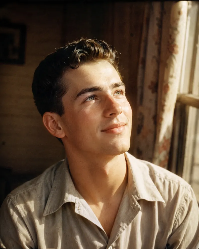 AI Old Photo Revival scene — a 1950s young man in a restored portrait lifting his face to the light