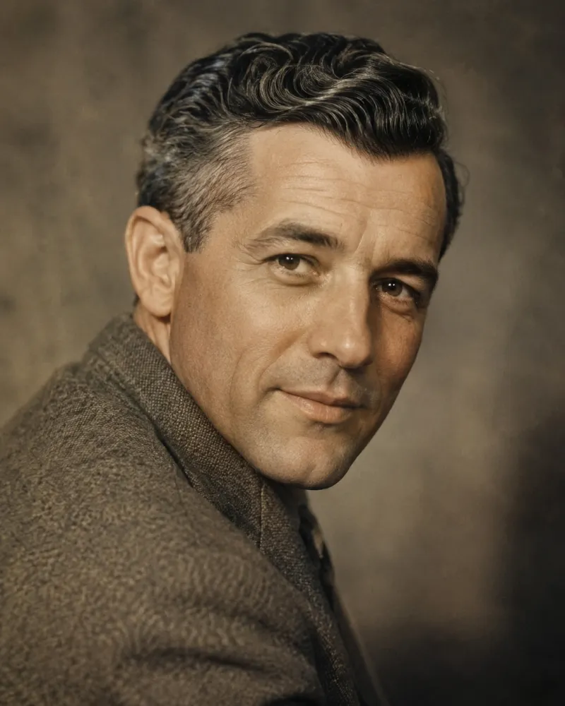 AI Old Photo Revival scene — a 1940s man in a vintage portrait gently turning toward the viewer