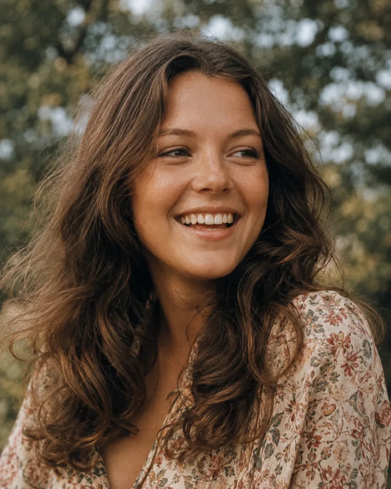 AI Old Photo Revival scene — a 1970s woman in a restored portrait caught in a soft laugh