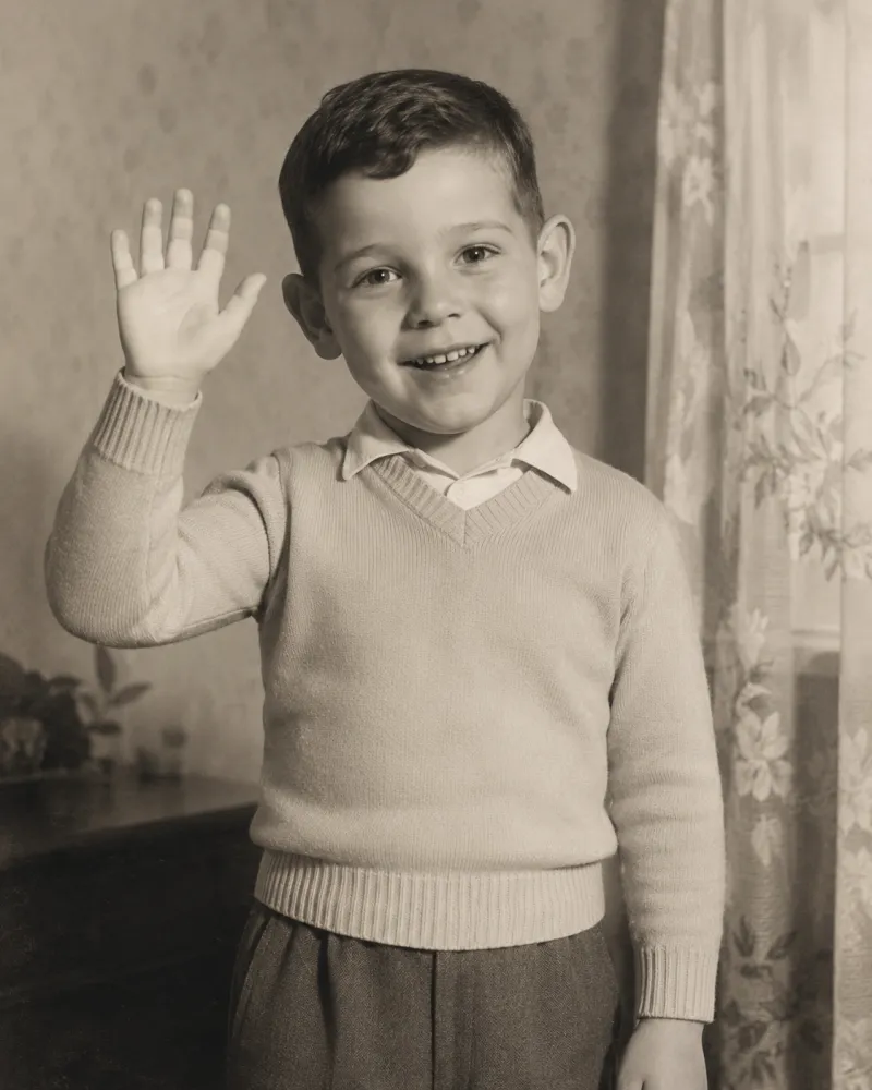 AI Old Photo Revival scene — a 1960s boy in a restored portrait waving hello