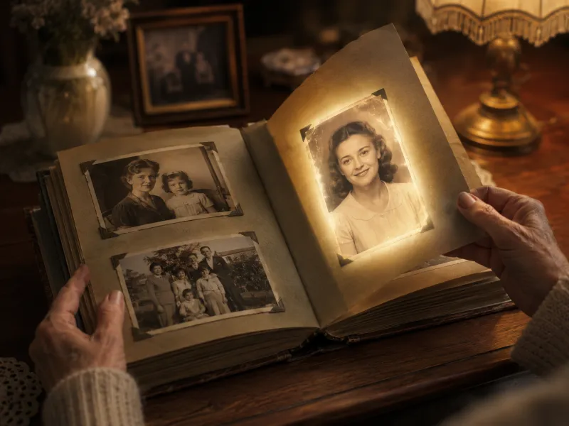 AI Old Photo Revival family album use case — an old photo glowing back to life on an album page