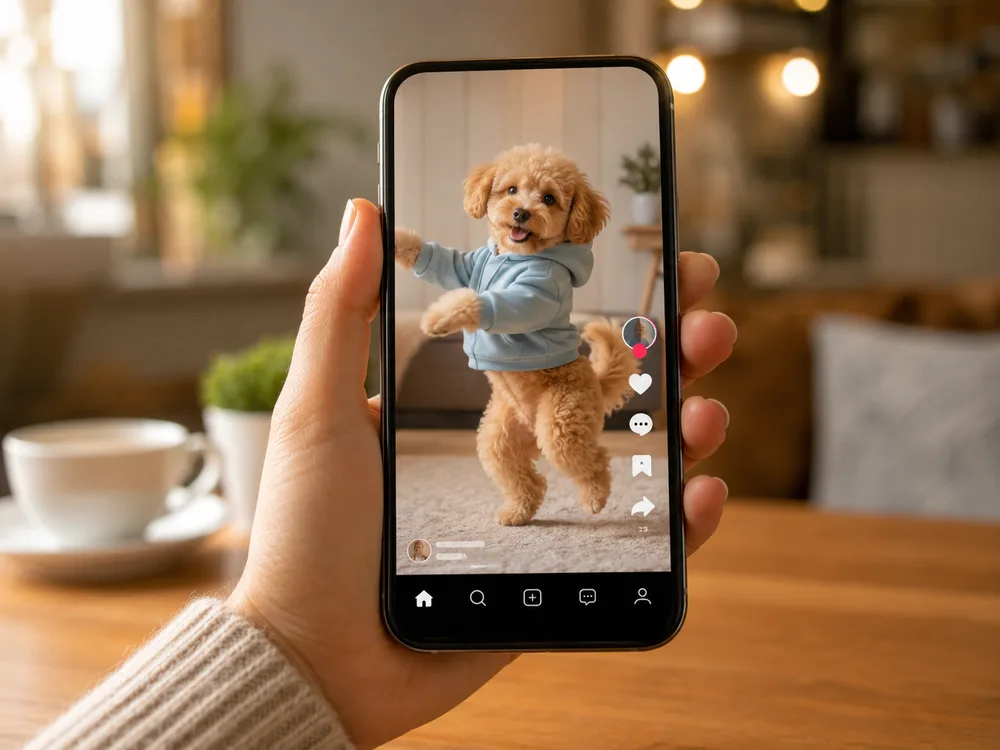 AI pet video playing on a phone in a short-video feed, ready for TikTok and Reels