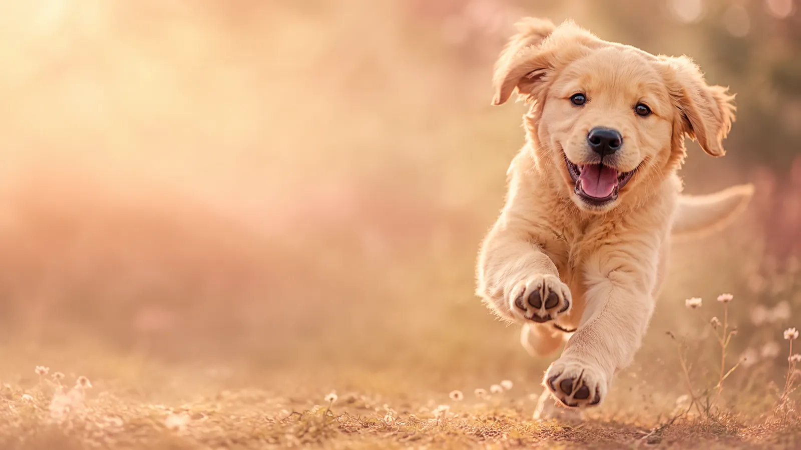AI pet video generator — a golden retriever puppy running in warm golden light