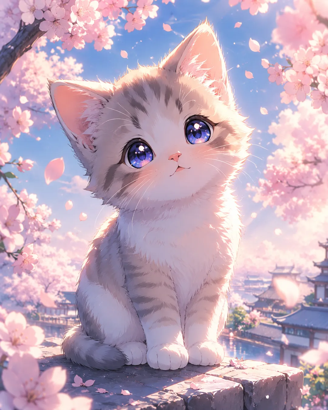 Anime AI pet video scene — a kawaii anime kitten among cherry blossoms