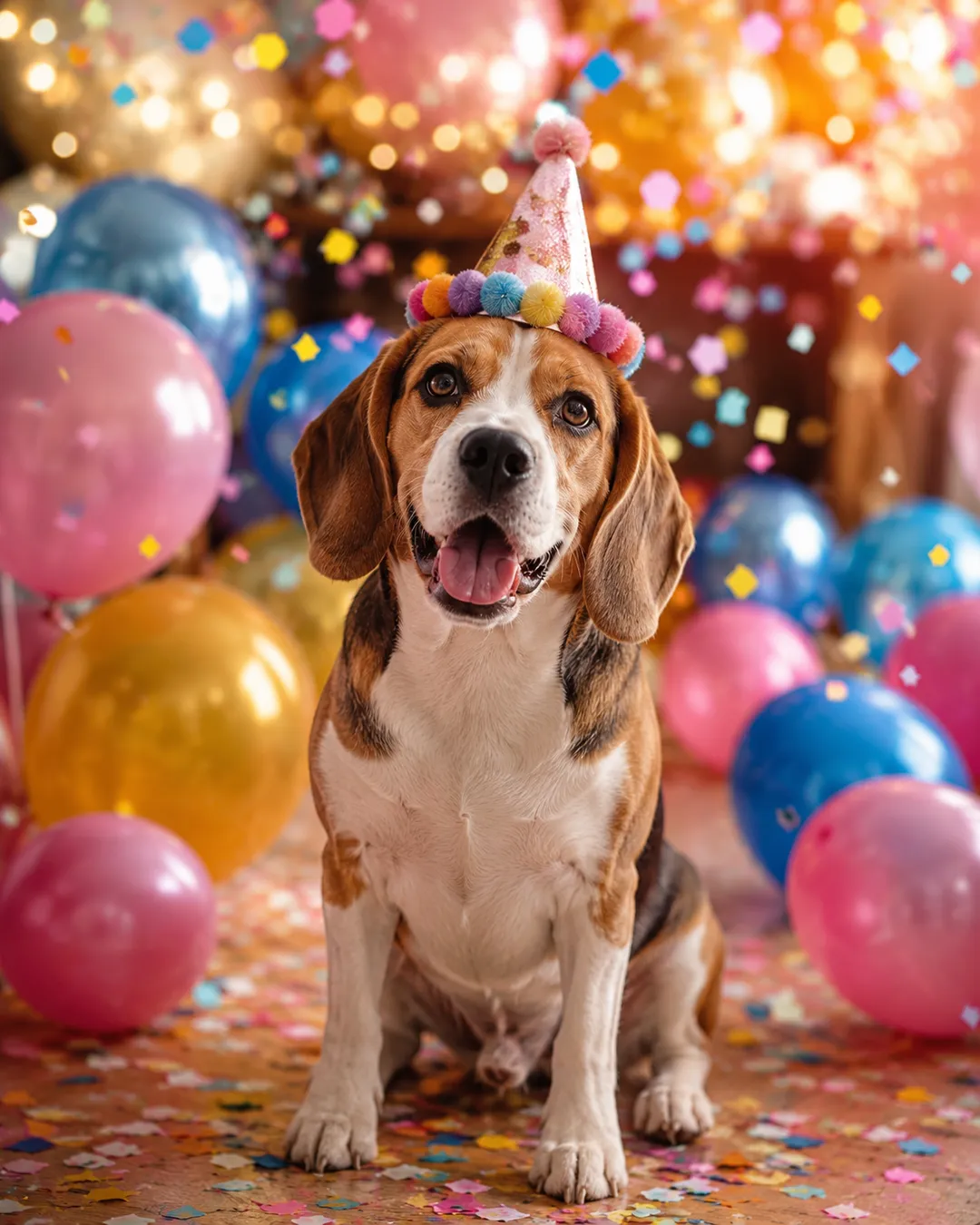 AI pet video scene — a beagle in a party hat with balloons and confetti