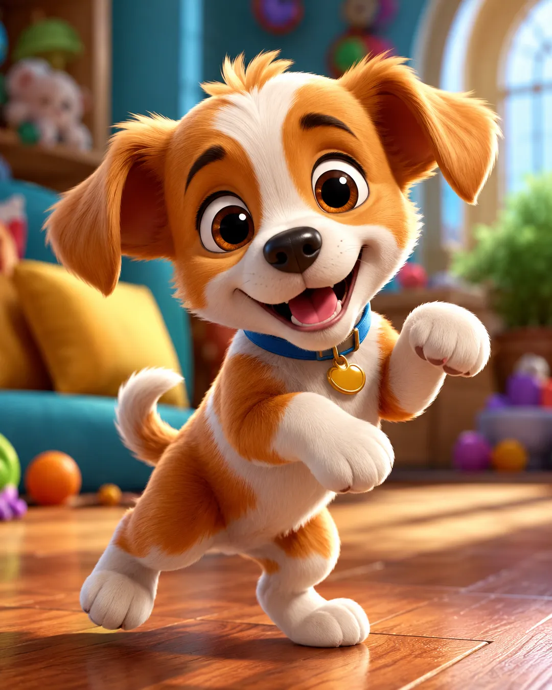 AI cartoon pet video scene — a 3D cartoon puppy dancing happily