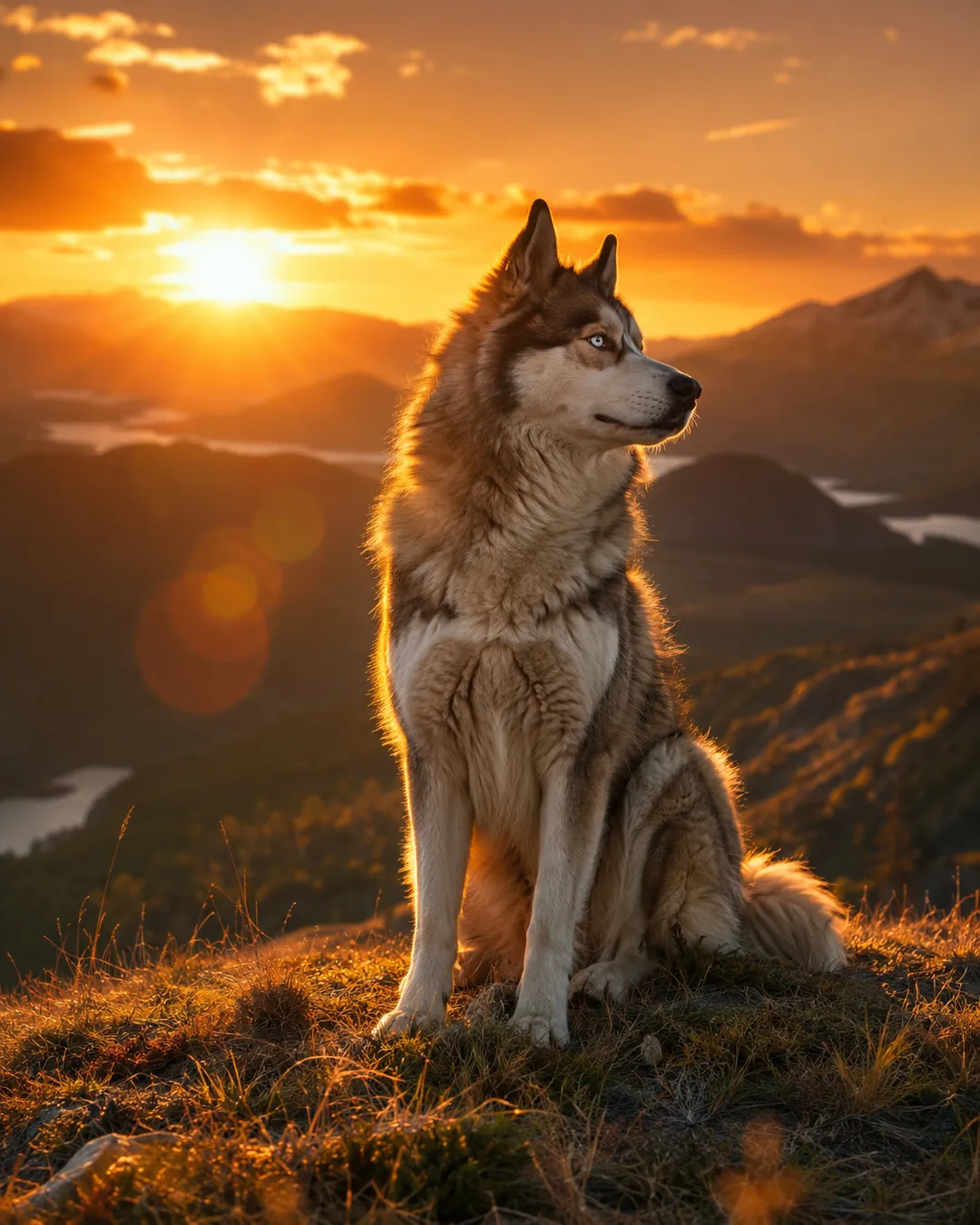 Cinematic AI pet video scene — a husky on a hilltop at golden-hour sunset