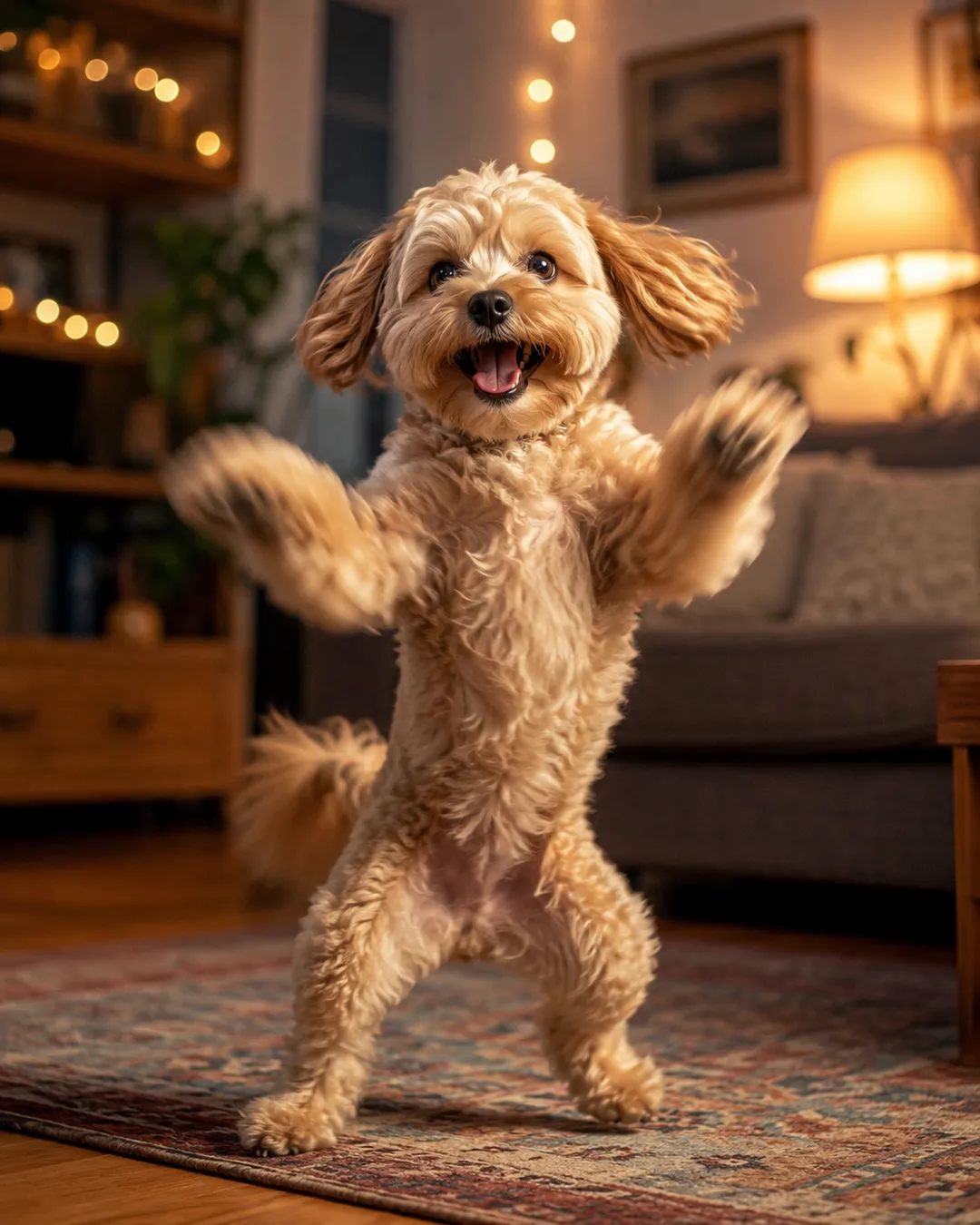 AI pet video scene — a fluffy dog dancing on its hind legs in a cozy living room