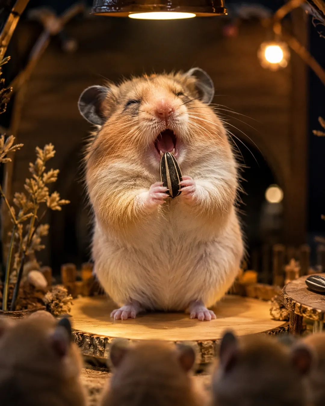 Funny AI pet video scene — a hamster singing into a sunflower seed like a microphone