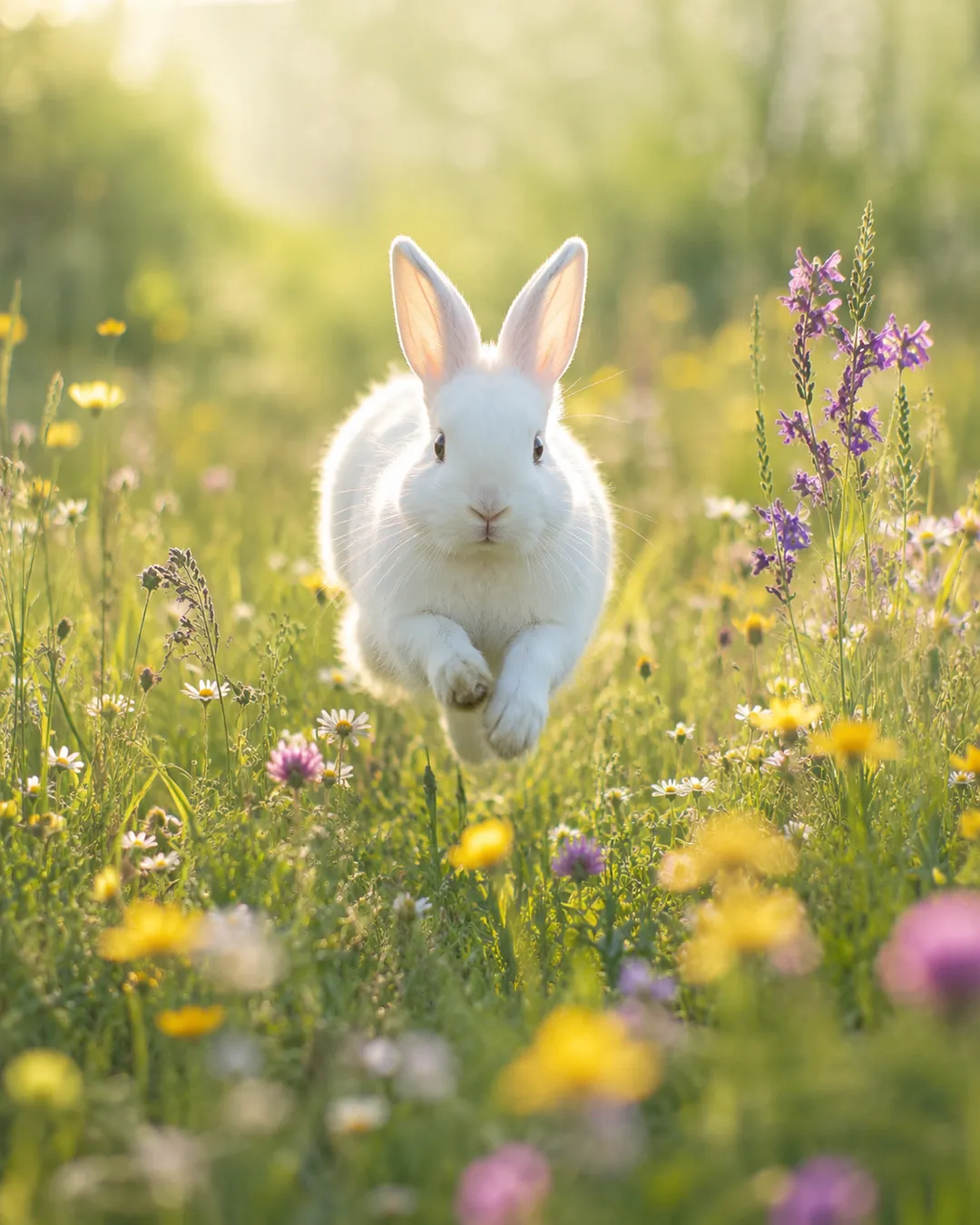 AI pet video scene — a white rabbit hopping through a spring wildflower meadow