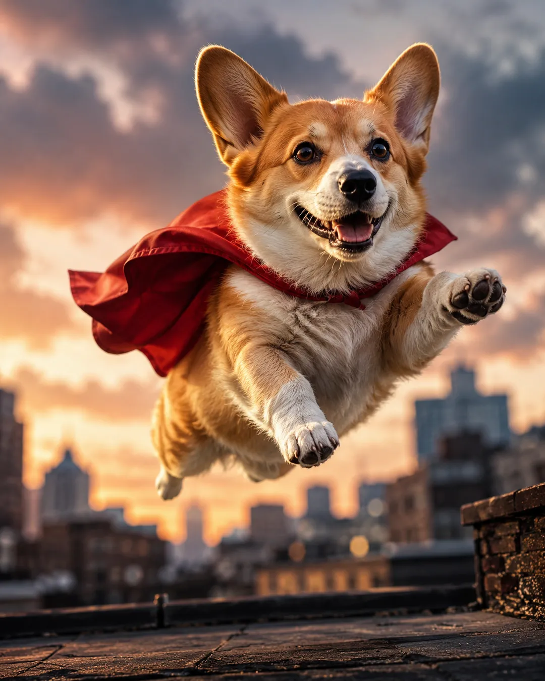 Fun AI pet video scene — a corgi in a red cape leaping over the city