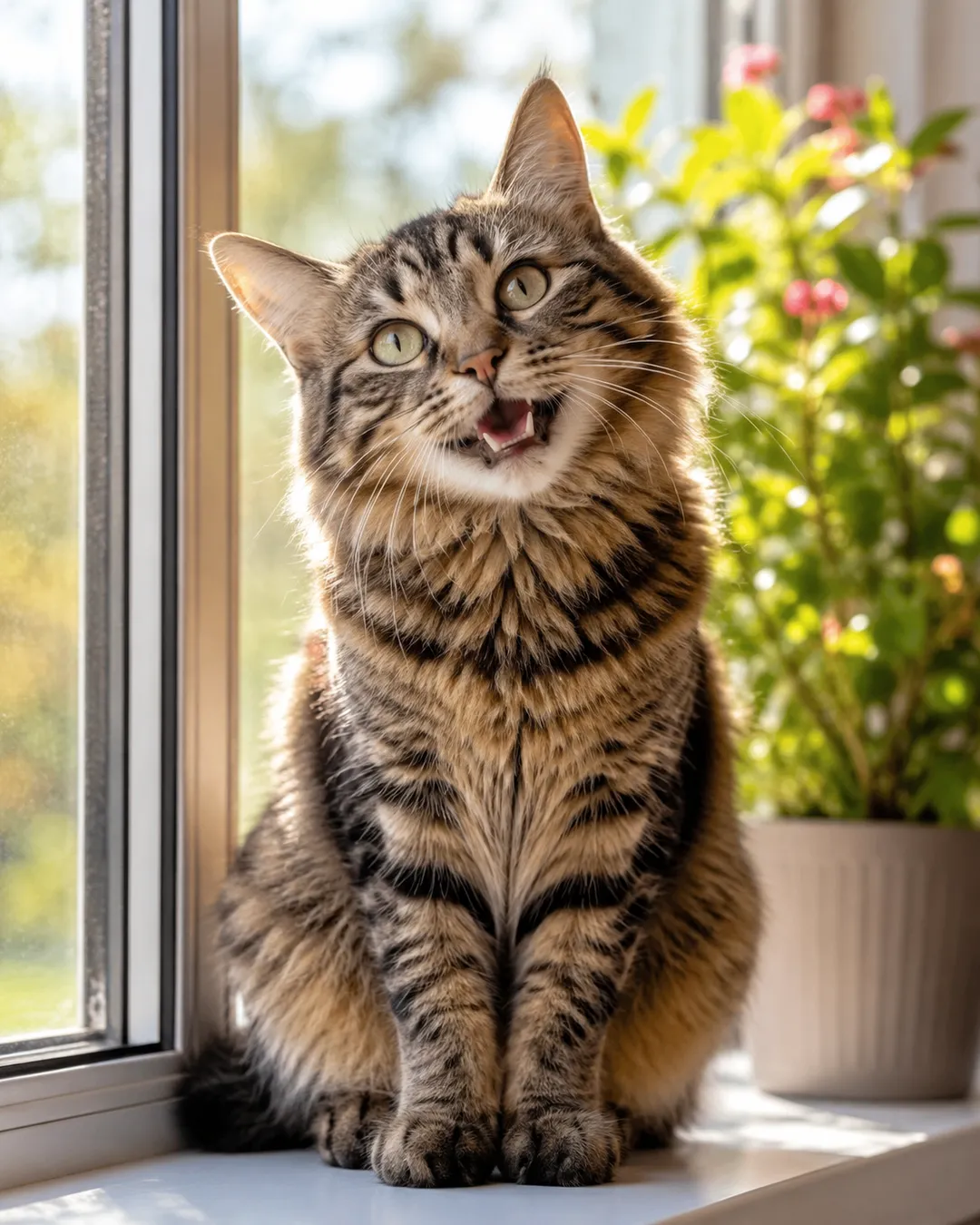 AI pet video scene — a tabby cat with its mouth open as if talking by a sunny window