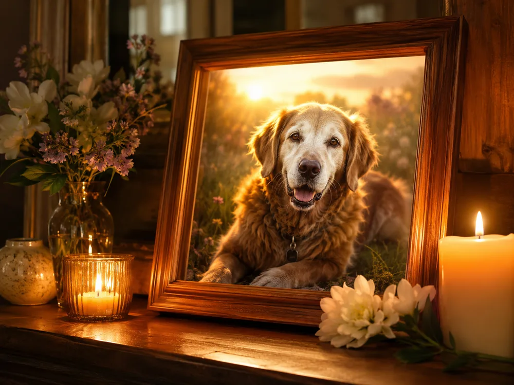 AI pet memorial video — a framed photo of a senior dog glowing by candlelight