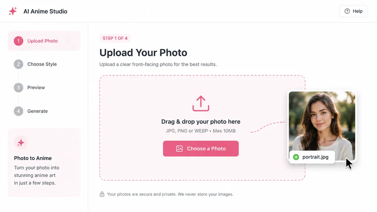 Step 1 — upload your photo to the AI photo to anime converter