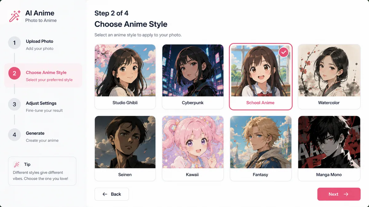 Step 2 — pick an anime style in the photo to anime converter