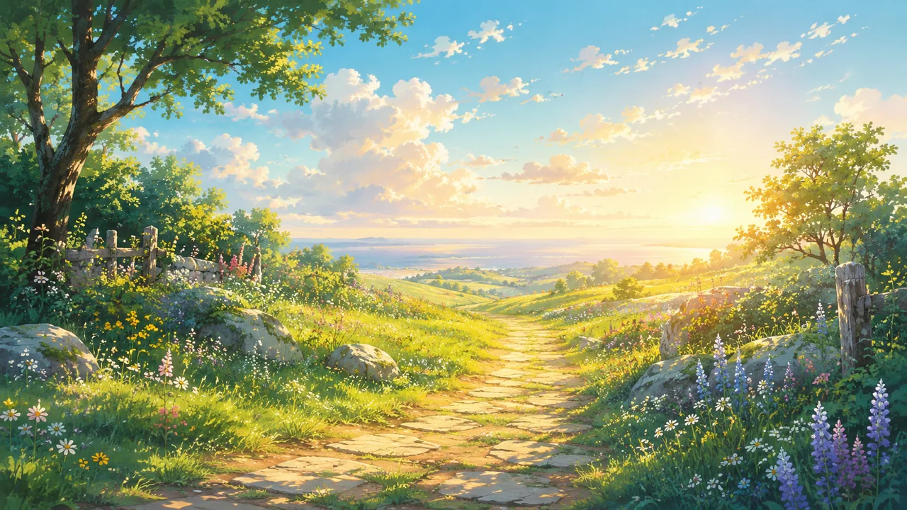 A dreamy Studio Ghibli-style landscape made with the Imya AI Photo to Ghibli converter