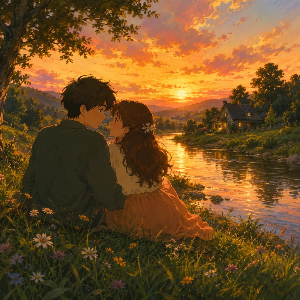 AI Photo to Ghibli couple photo — a couple in a Ghibli-style sunset landscape
