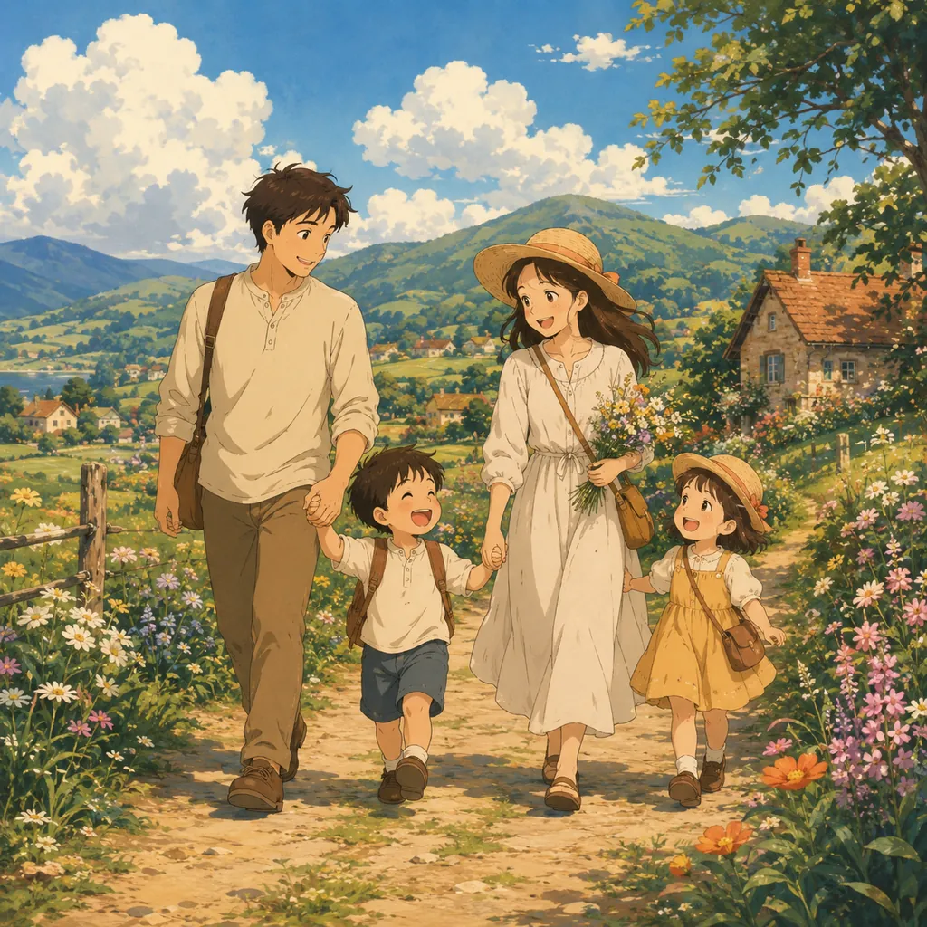 AI Photo to Ghibli family photo — a family reimagined in a Studio Ghibli world