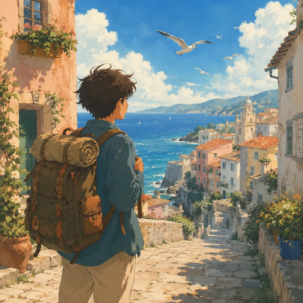 AI Photo to Ghibli travel photo — a traveler in a Ghibli-style seaside town