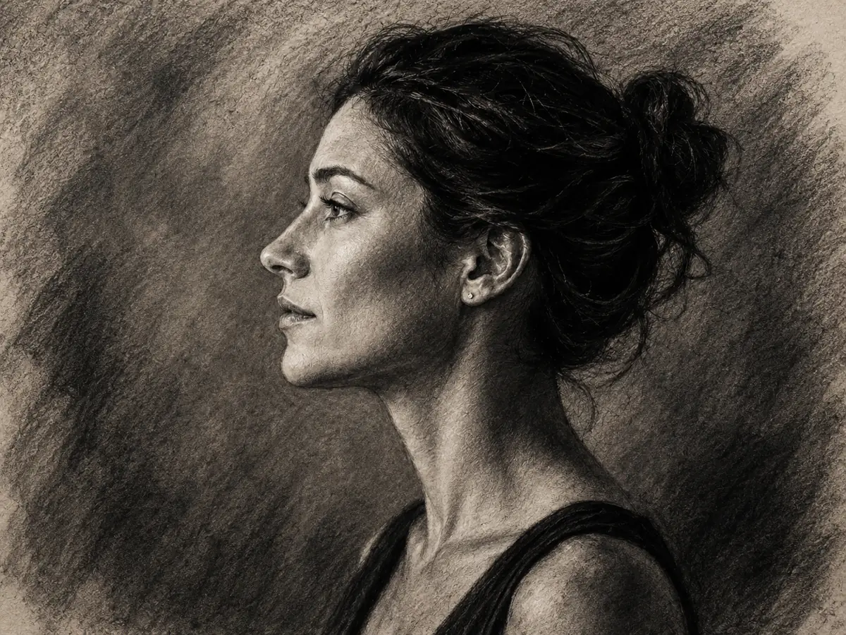 After — the portrait converted into a dramatic high-contrast charcoal sketch drawing