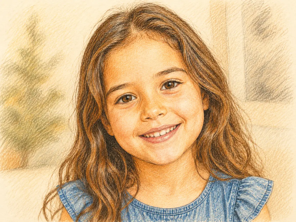 After — the portrait converted into a warm colored-pencil sketch drawing