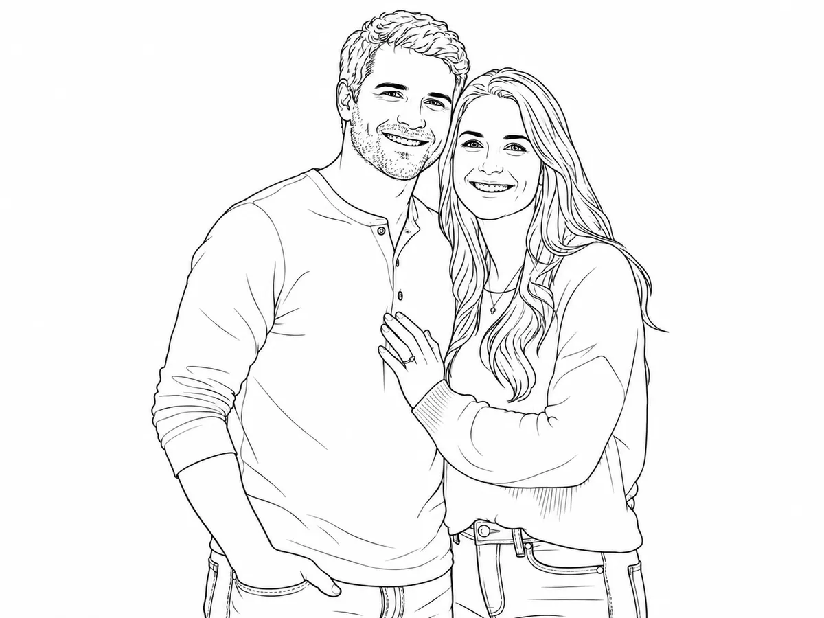 After — the couple photo converted into a clean black-and-white line-art outline sketch